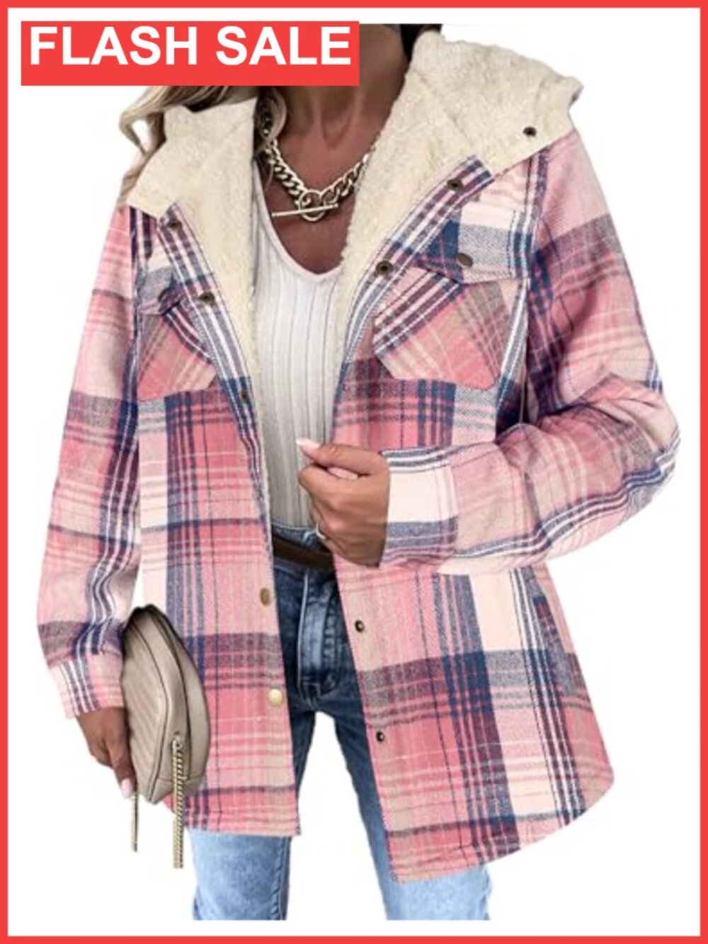 Zeagoo Womens Sherpa Lined Plaid Shacket Hooded Button Jacket
